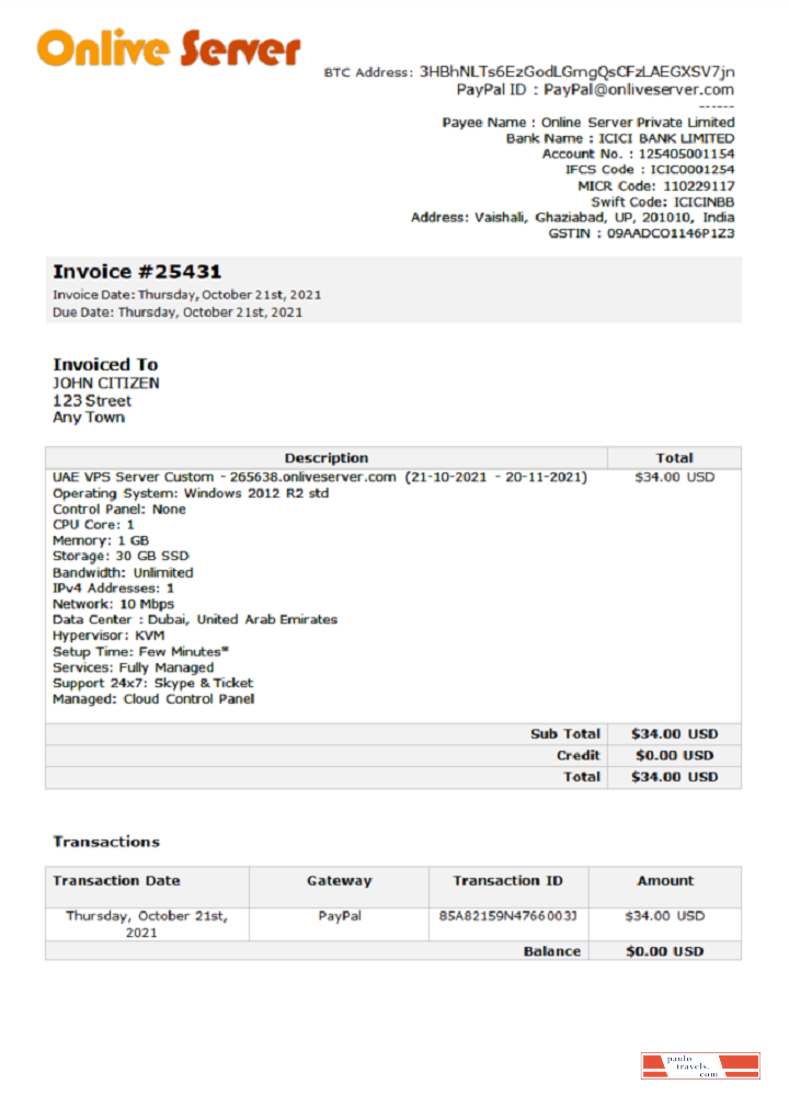 India Online Server company invoice PSD template